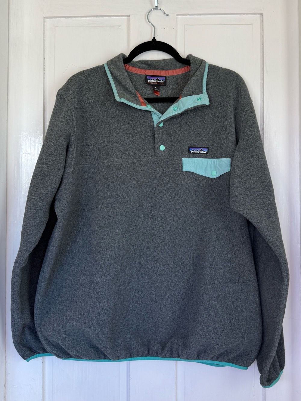 Patagonia Gray Synchilla Fleece Pullover with Mint and Coral Trim